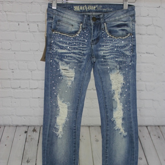 Machine Pour Neuf Mode Denim - NEW Distressed Skinny Jeans with Diamond